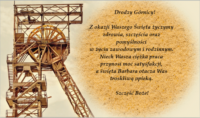 Życzenia dla górników na kartce z szybem górniczym.